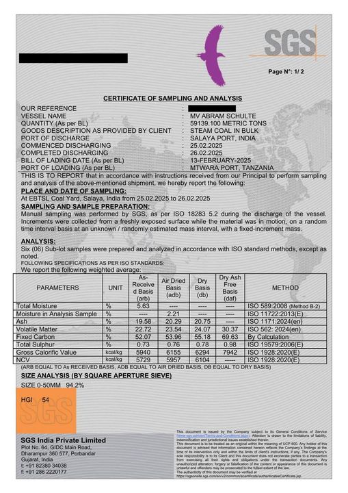 Redacted SGS Certificate of Sampling and Analysis, page 1