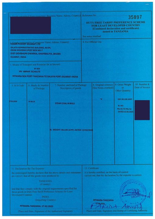 Redacted Tariff Preference Scheme certificate, Tanzania